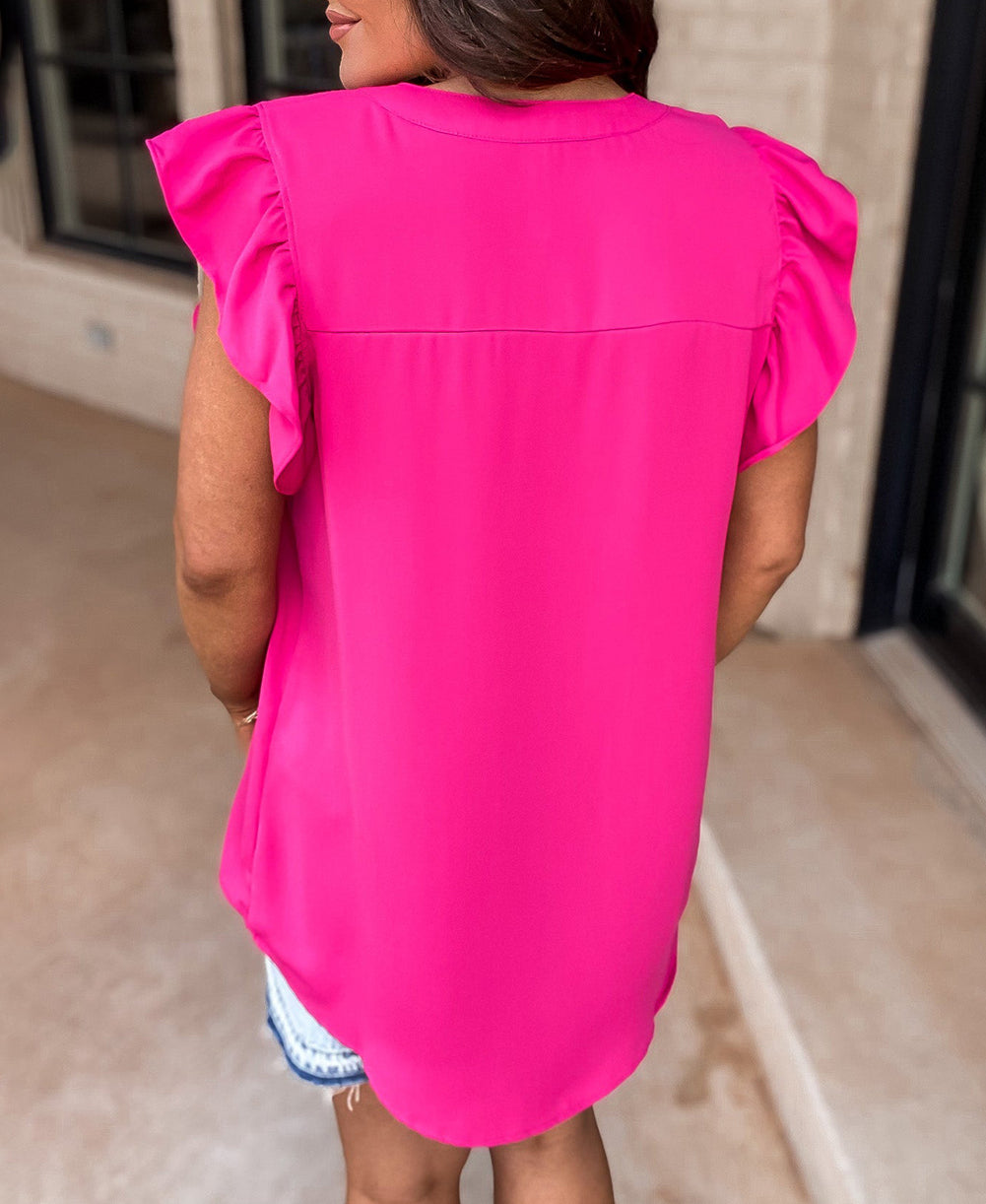 Notched Neck Ruffle Sleeve Blouse