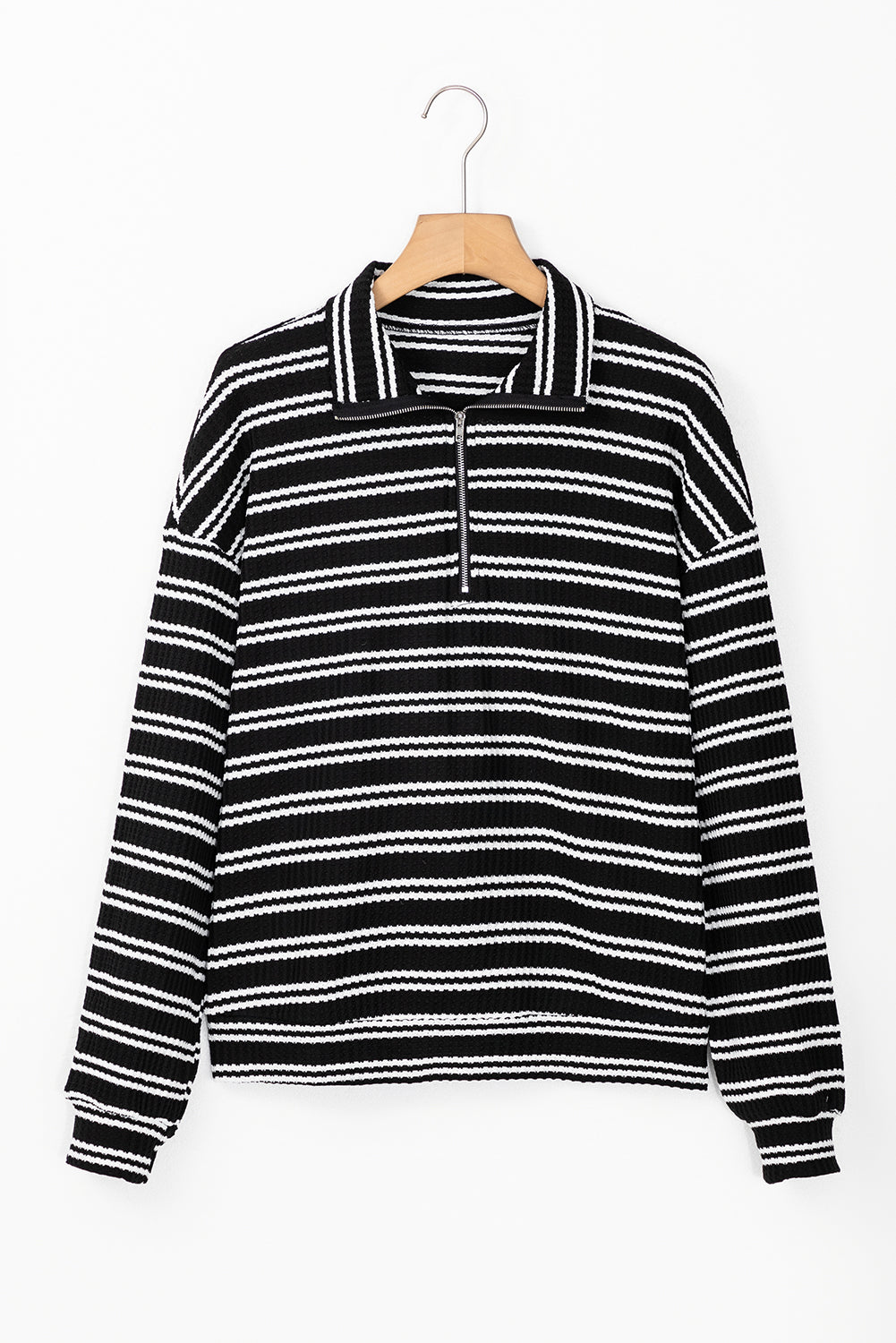 Stripe Textured Quarter Zip Collar Long Sleeve Top