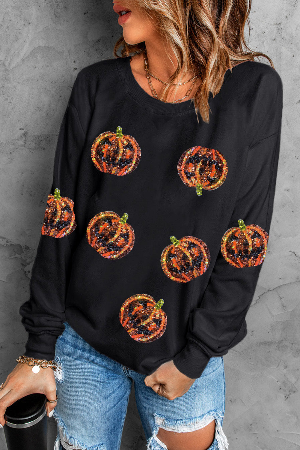 Sequin Halloween Pumpkin Graphic Pullover Sweatshirt