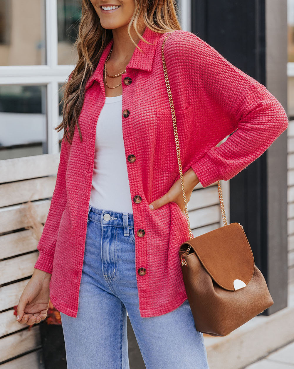 Waffle Knit Button Up Casual Shirt