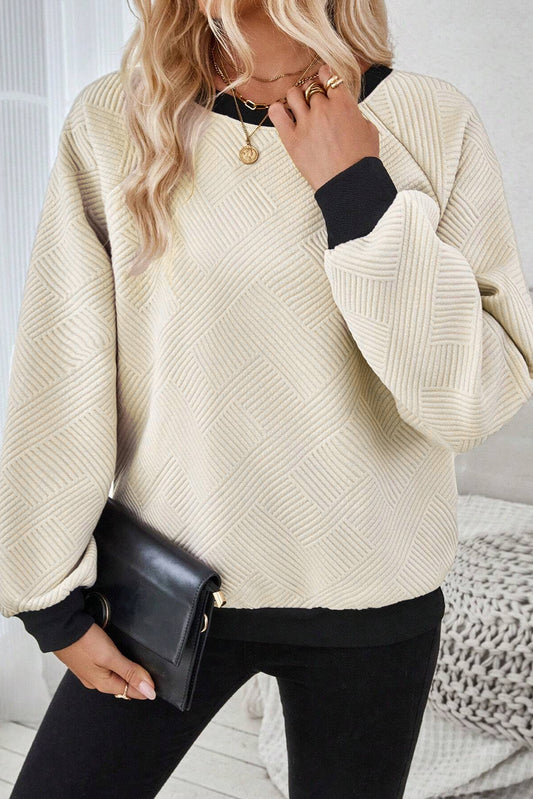 Color Block Edge Raglan Sleeve Crew Neck Textured Top