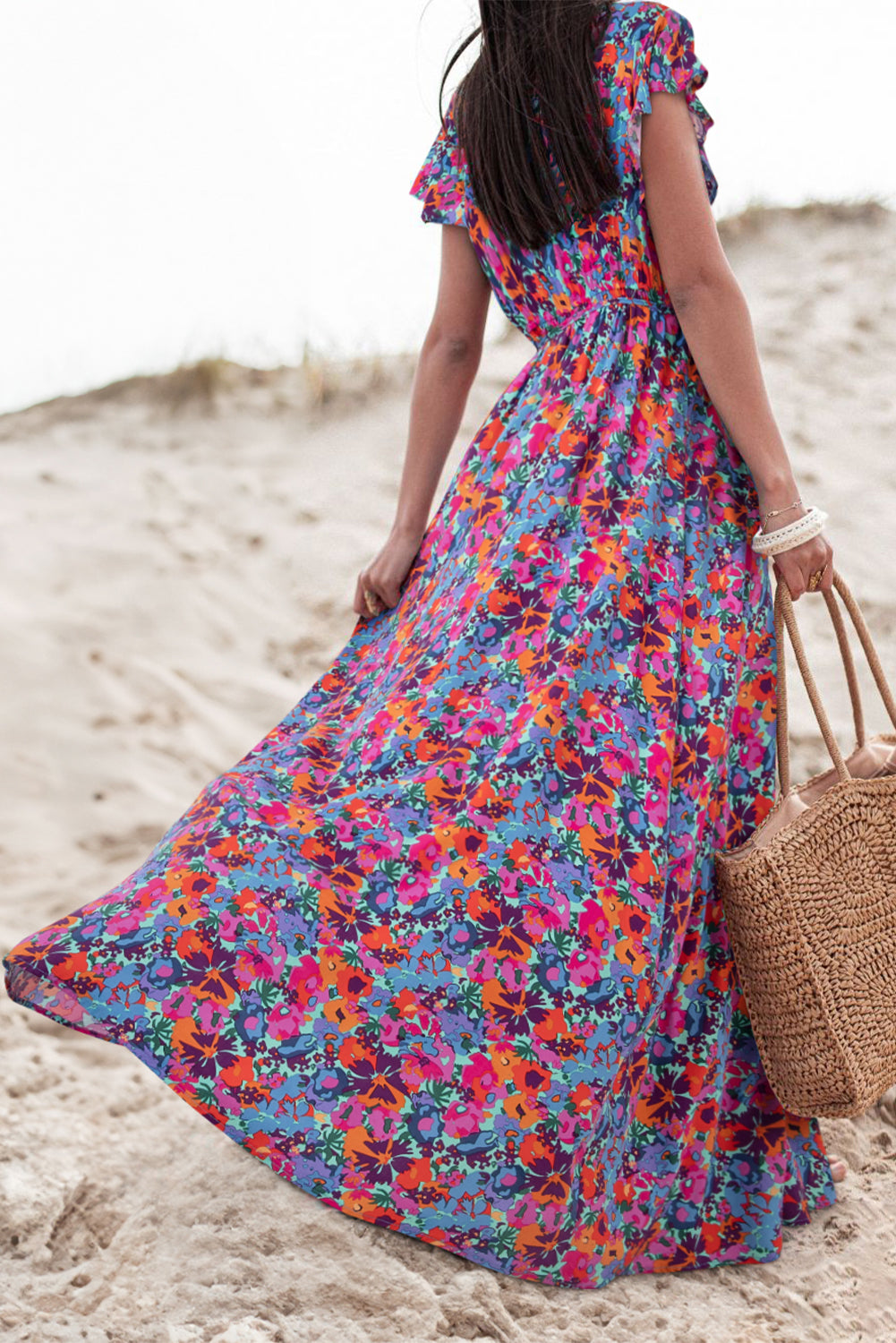 Floral Print V Neck Wrap Split Maxi Dress
