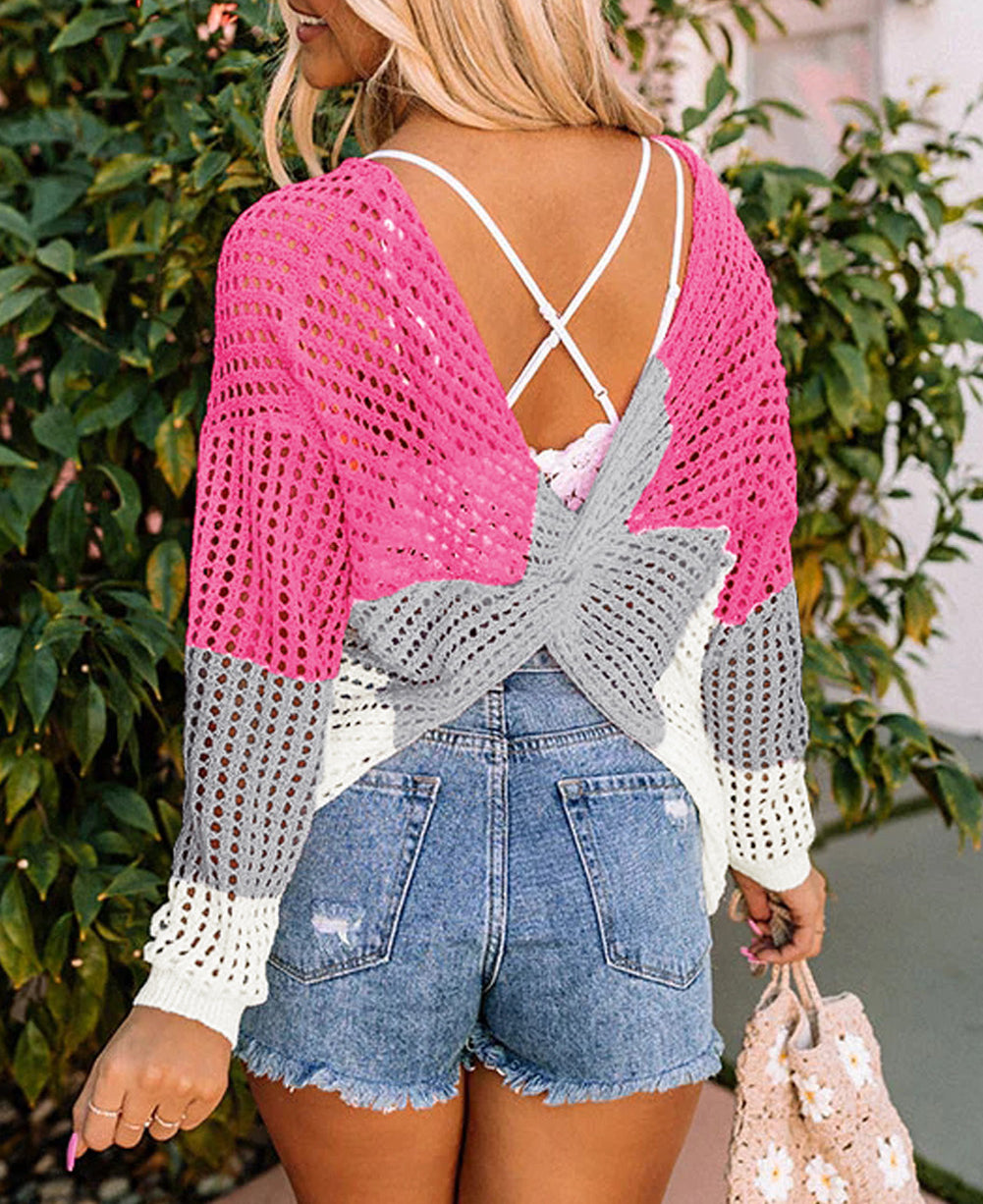 Color Block Eyelet Long Sleeve Twisted Back Knit Top