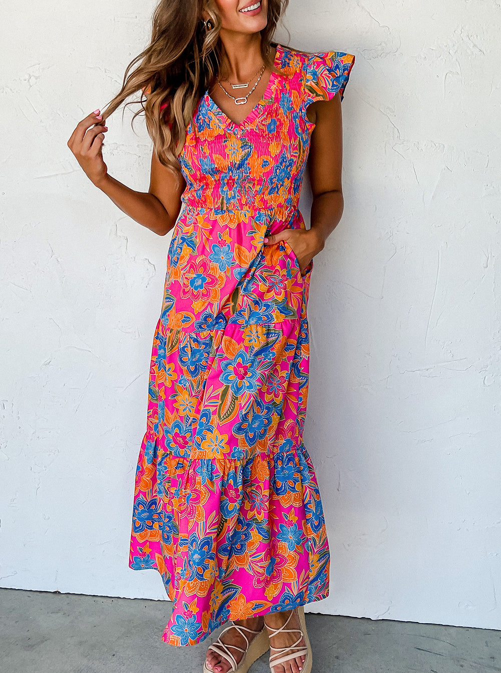 Boho Floral V Neck Ruffle Tiered Long Dress