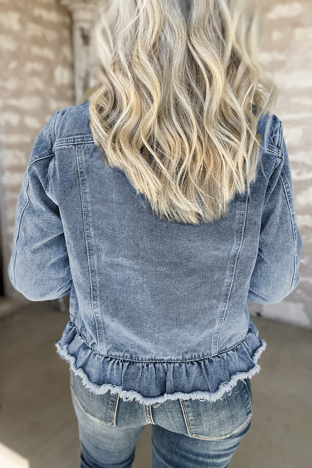 Ruffle Raw Hem Flap Pockets Denim Jacket