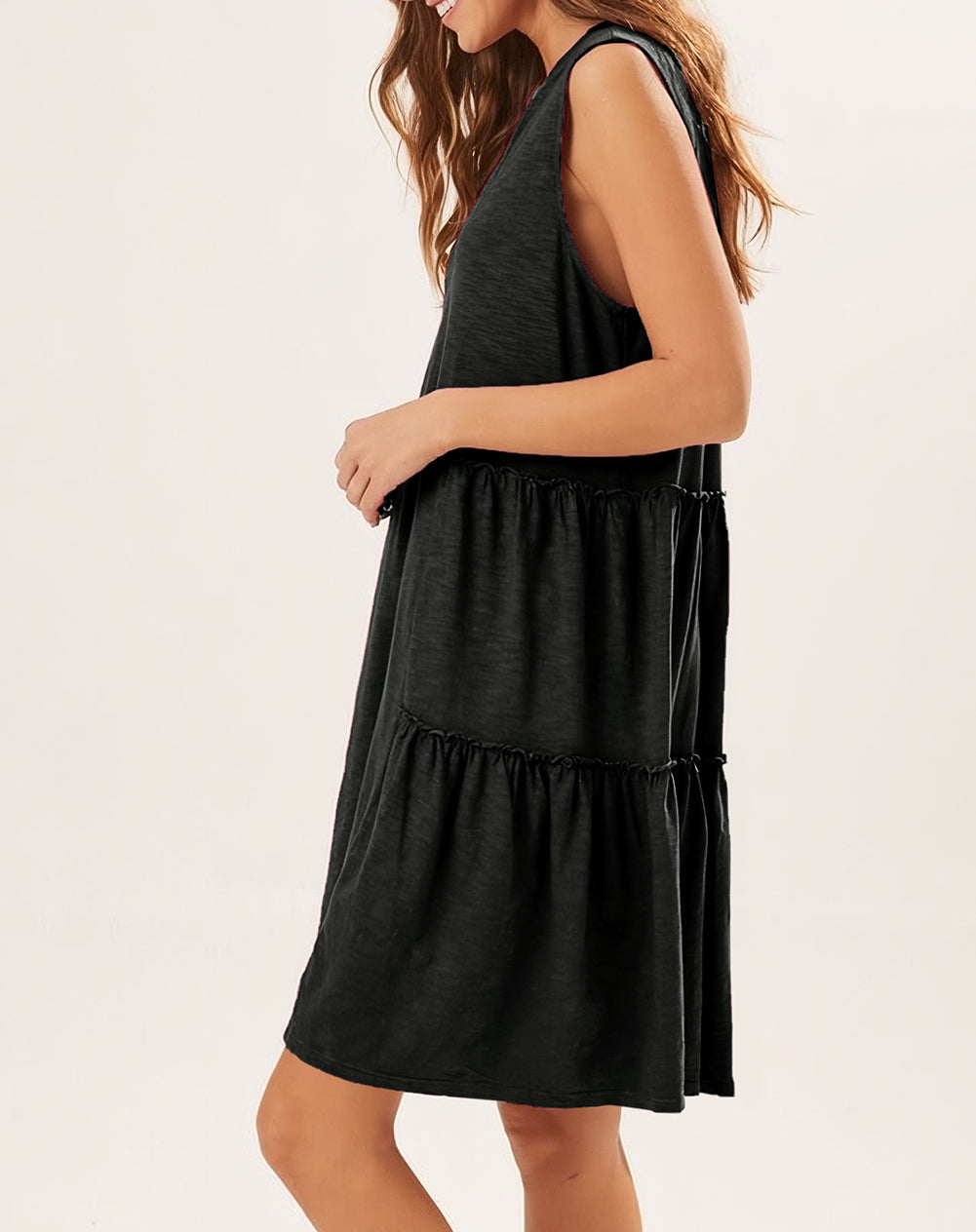 Split V Neck Tiered Flowy Sleeveless Dress