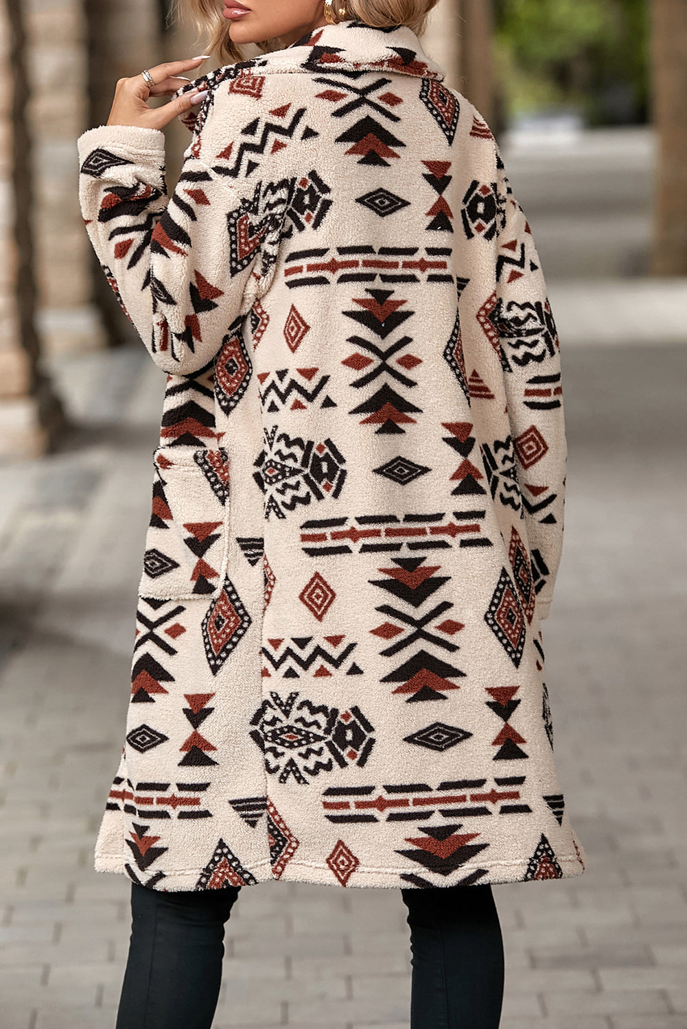 Western Aztec Printed Fleece Buttoned Front Midi Length Coat