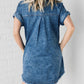 Mineral Wash Cuffed Sleeve Frayed Hem Denim Dress