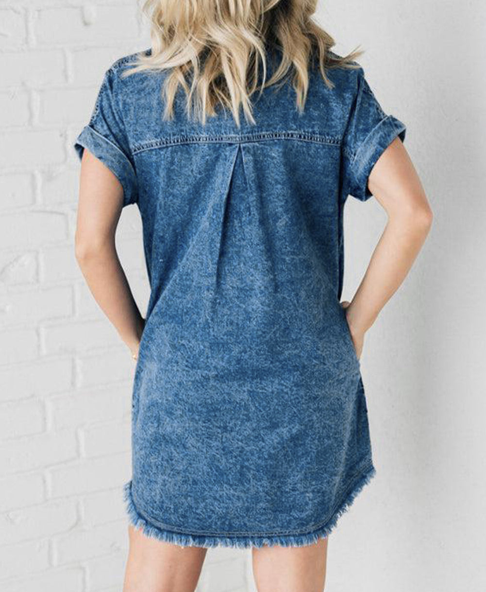 Mineral Wash Cuffed Sleeve Frayed Hem Denim Dress
