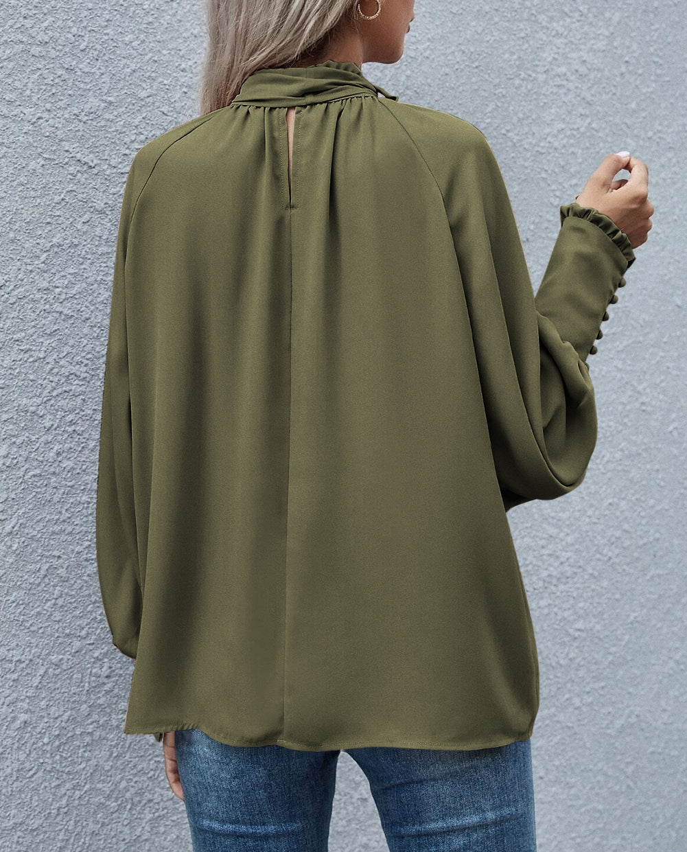 Frilled Knotted Mock Neck Bishop Sleeve Blouse