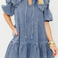 Ruffled Collared Side Pockets Puff Sleeve Denim Mini Dress