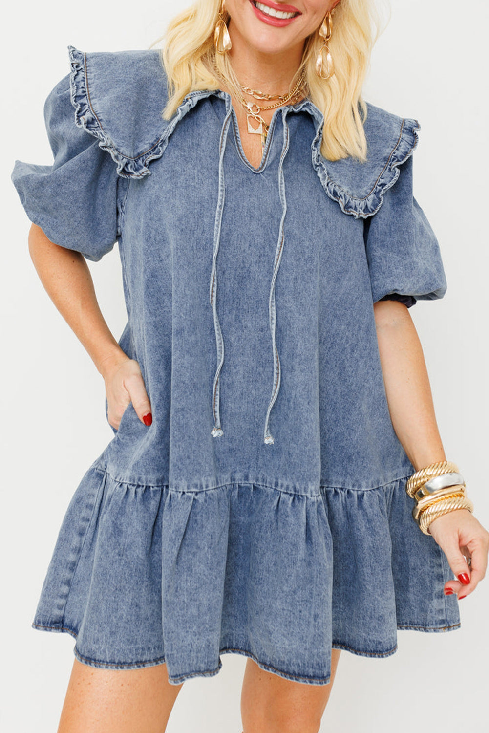 Ruffled Collared Side Pockets Puff Sleeve Denim Mini Dress