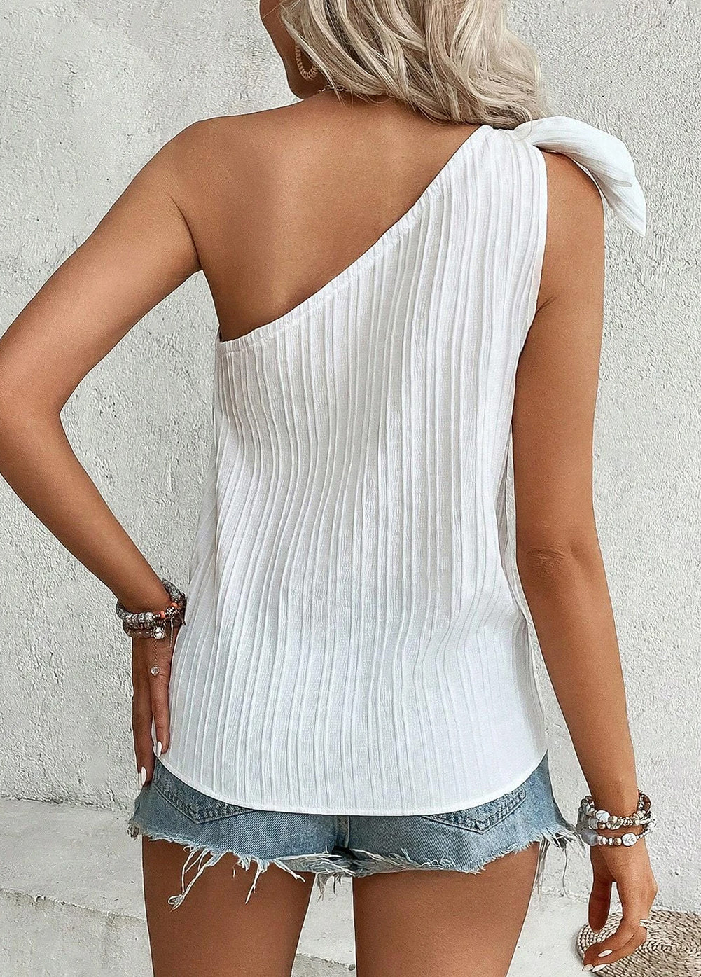 Textured Bowknot One Shoulder Tank Top
