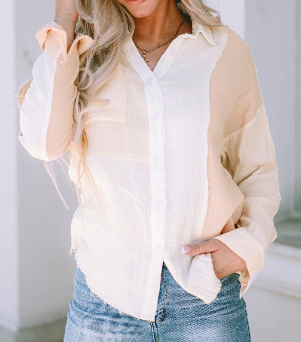 Color Block Buttoned Raw Hem Textured Shirt