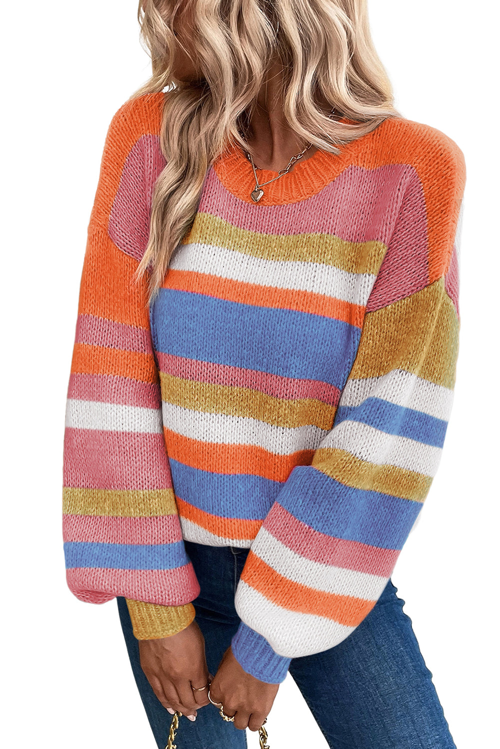 Striped Knit Drop Shoulder Puff Sleeve Sweater
