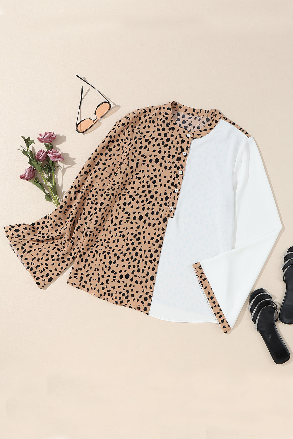 Leopard Contrast Half Button Casual Blouse