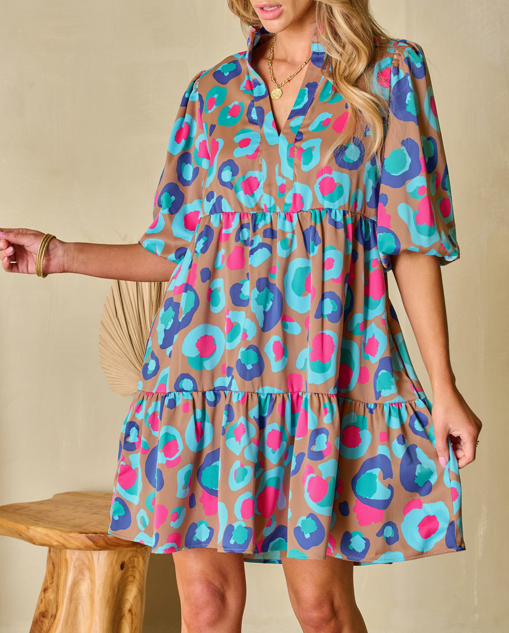 Leopard Print Bubble Sleeve Slit Neck Ruffled Dress