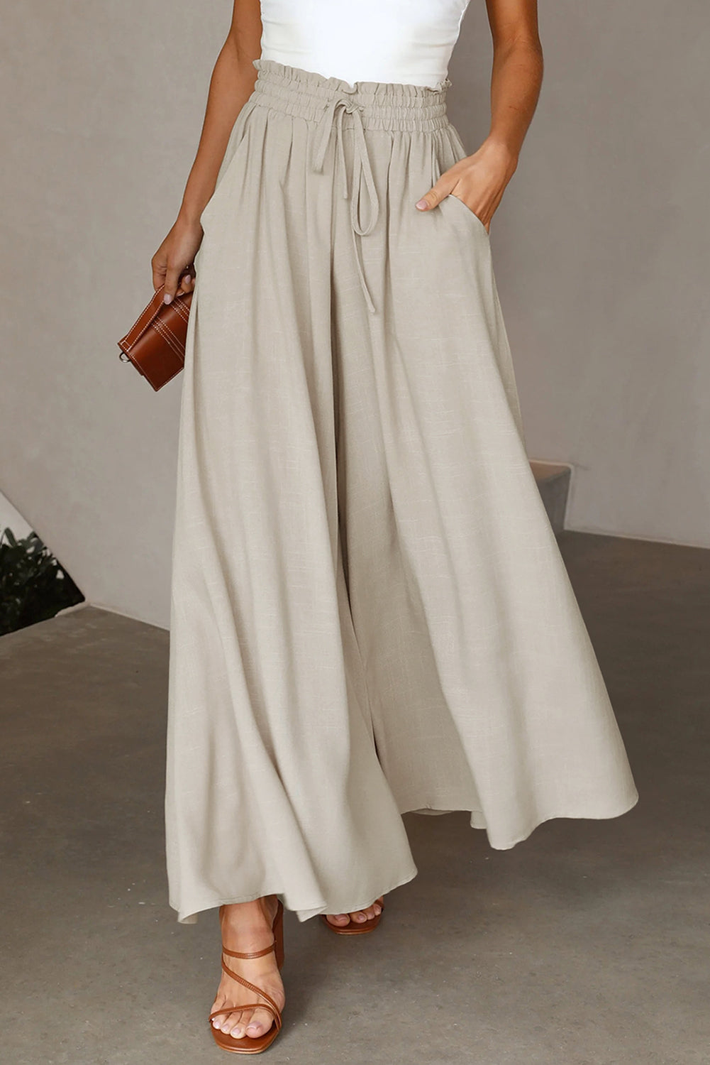 Drawstring Smocked High Waist Wide Leg Pants