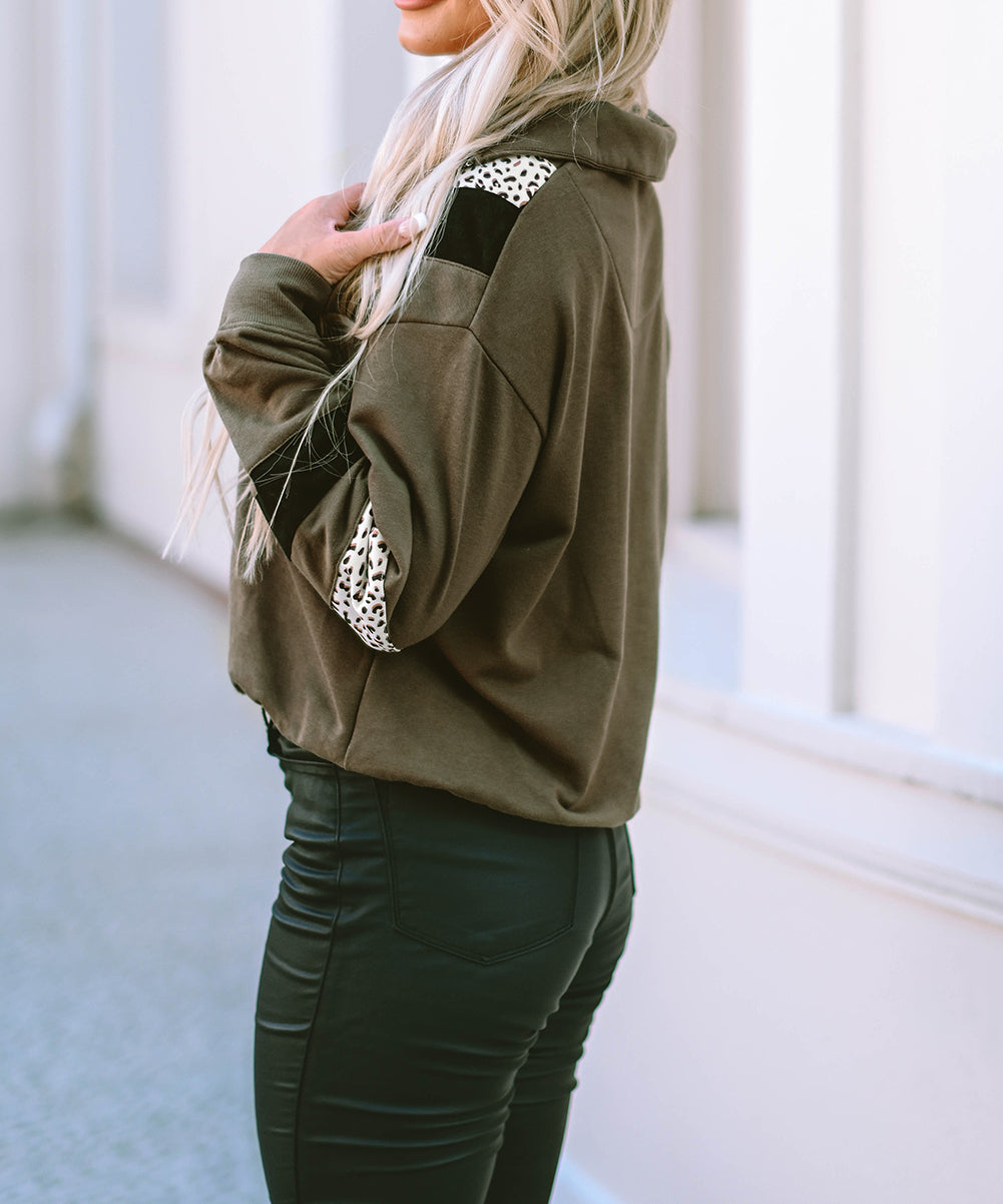 Leopard Contrast Splicing Quarter Zip Sweatshirt