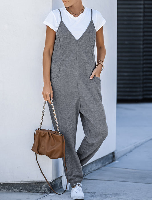 Textured Sleeveless V-Neck Pocketed Casual Jumpsuit
