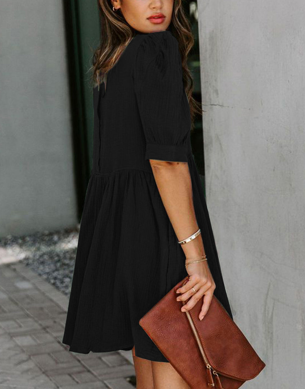 Pocketed Puff Sleeve Empire Waist Swing Short Dress