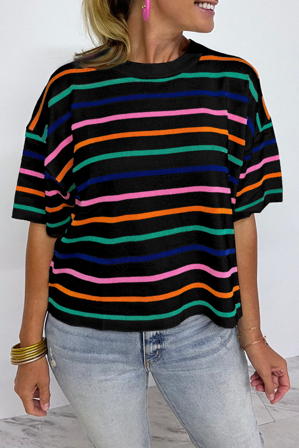 Stripe Dropped Short Sleeve Boxy Fit Knitted Top