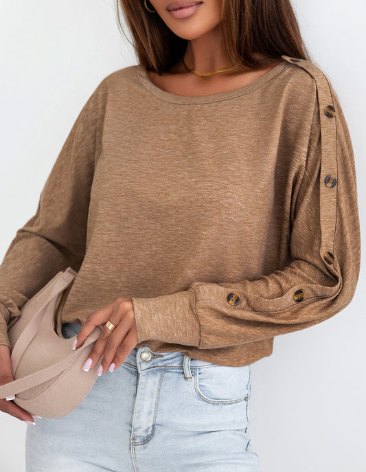 Solid Color Button Decor Dolman Sleeve Top