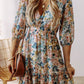 Floral 3/4 Sleeve V Neck High Waist Ruffled Dress