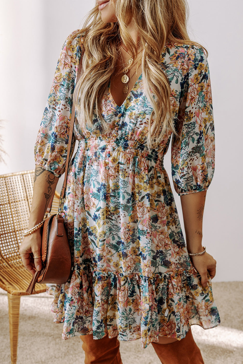 Floral 3/4 Sleeve V Neck High Waist Ruffled Dress