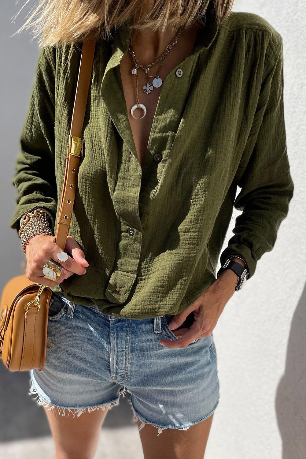 Crinkle Textured Button Up Long Sleeve Shirt