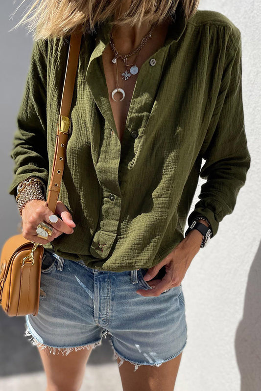 Crinkle Textured Button Up Long Sleeve Shirt