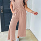 Solid Corded Knit Short Sleeve T Shirt and Wide Leg Pants Set