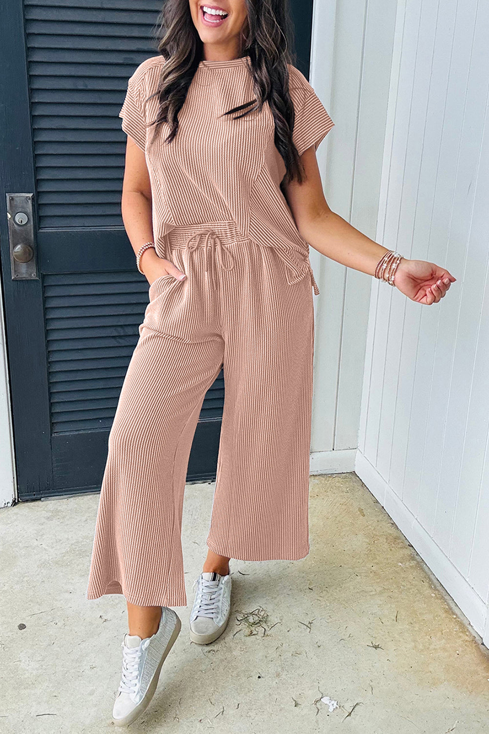 Solid Corded Knit Short Sleeve T Shirt and Wide Leg Pants Set