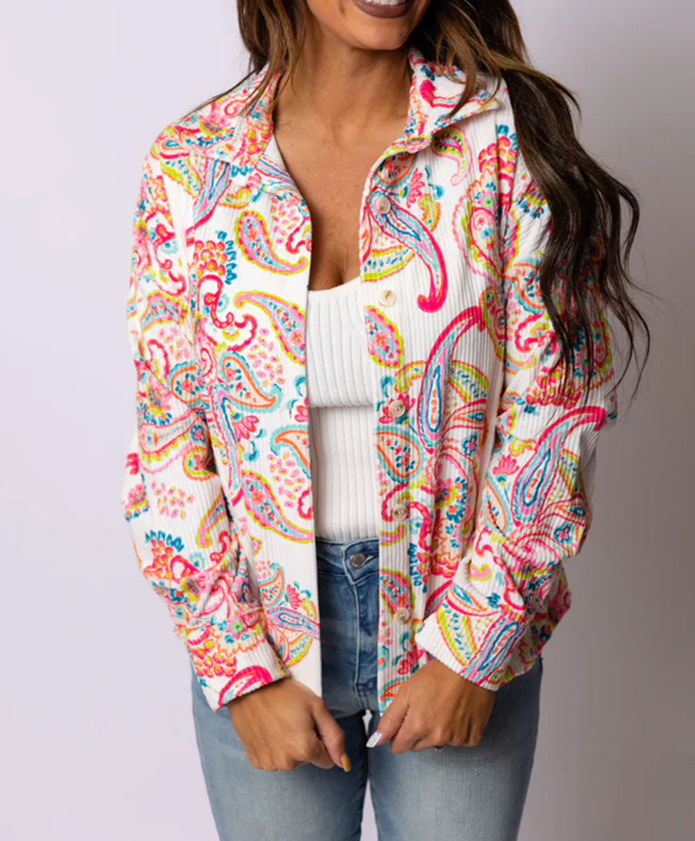 Paisley Pattern Print Buttoned Corduroy Shacket