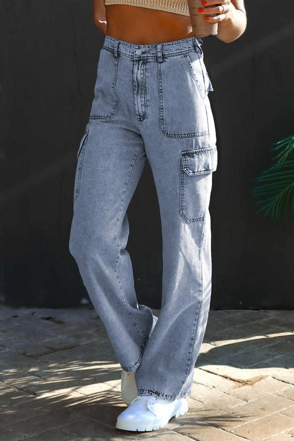 Blue High Waist Wide Leg Cargo Jeans