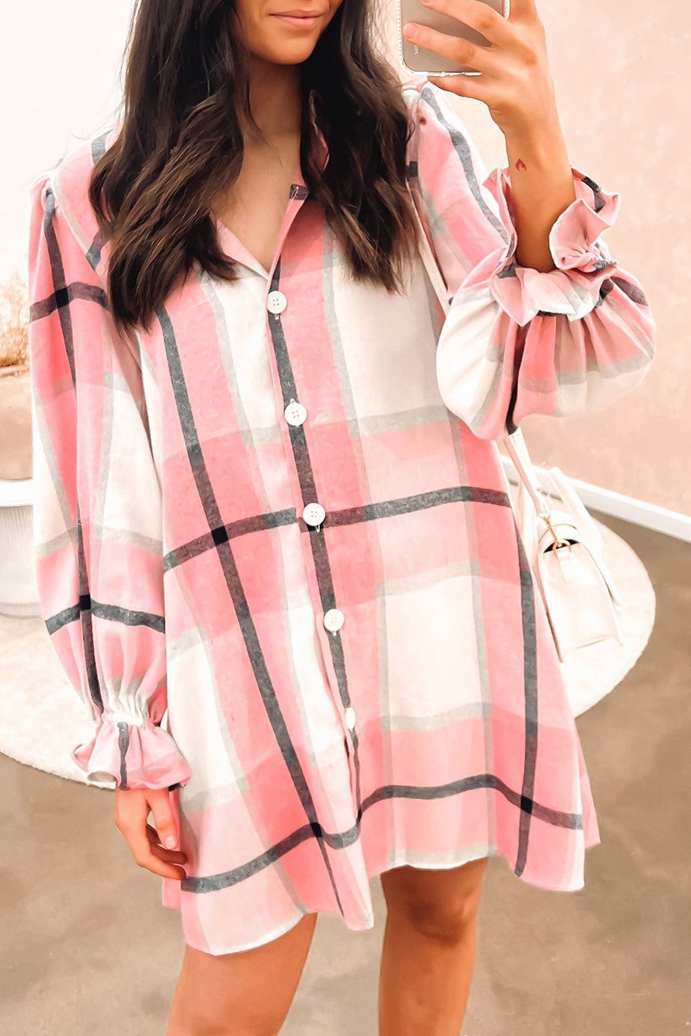Plaid Pattern Collared Neck Ruffled Sleeve Shirt Dress