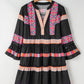 Ethnic Print Buttoned V Neck Bell Sleeve Ruffle Patchwork Dress