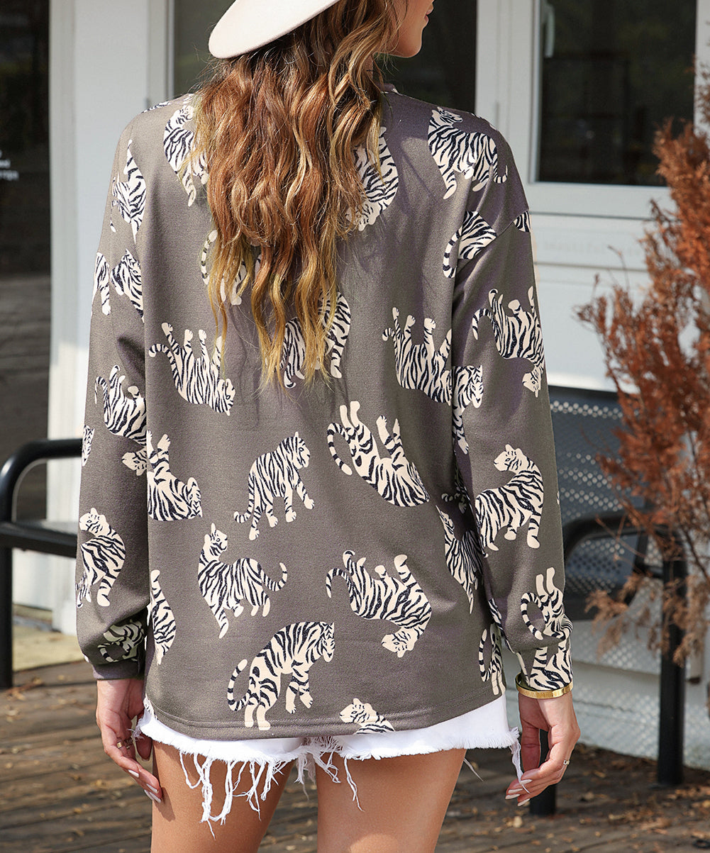 Lively Tiger Print Casual Sweatshirt