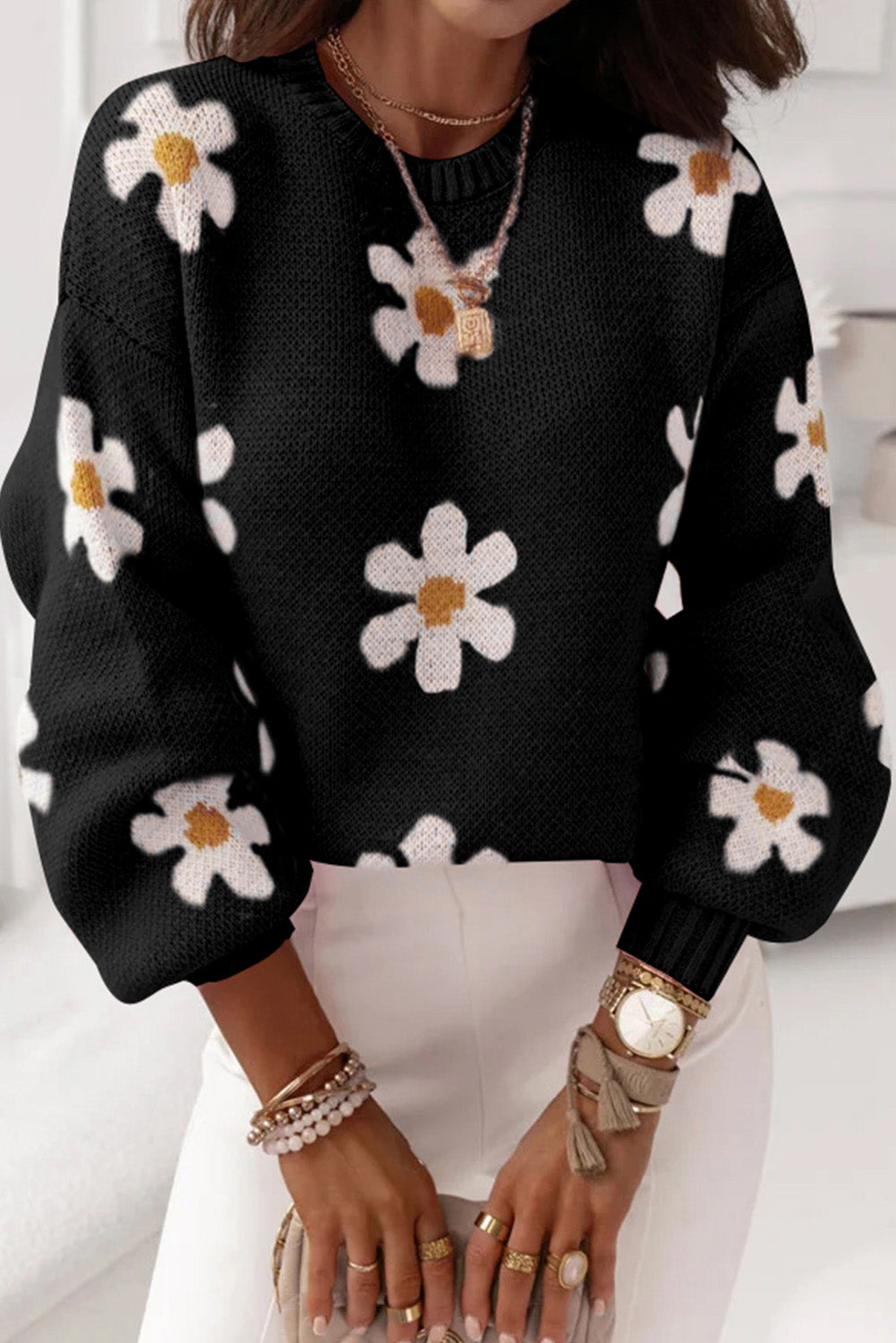 Floral Pattern Drop Shoulder Sweater