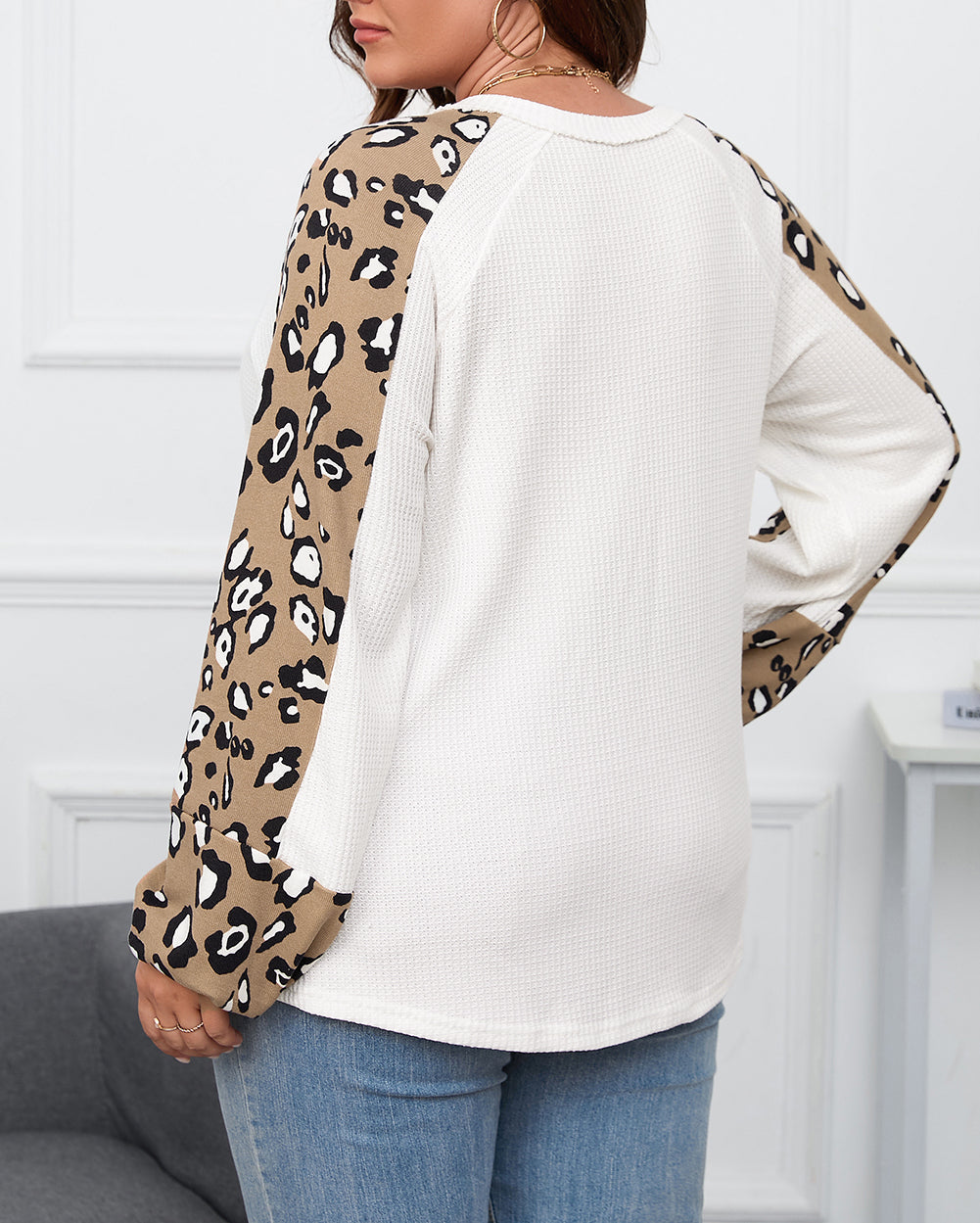 Plus Size Waffle Knit Contrast Leopard Long Sleeve Top