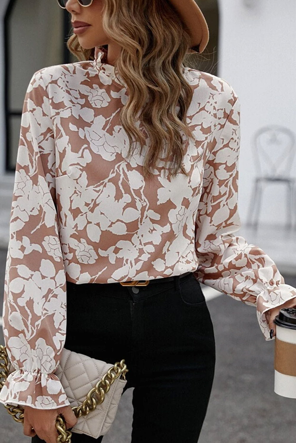Floral Print Frilled Neckline Flounce Sleeve Blouse