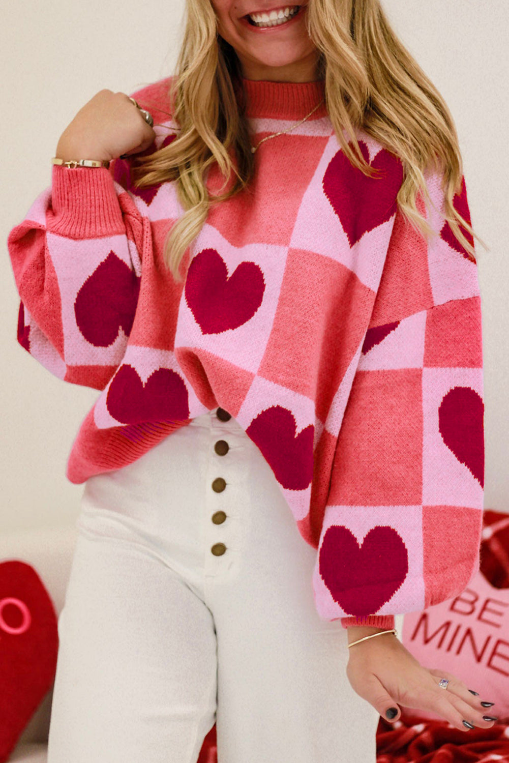 Plus Size Love Heart Block Mock Neck Lantern Sleeve Valentine Sweater