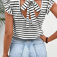 Stripe Butterfly Sleeve V Neck Hollowed Knot Back T Shirt