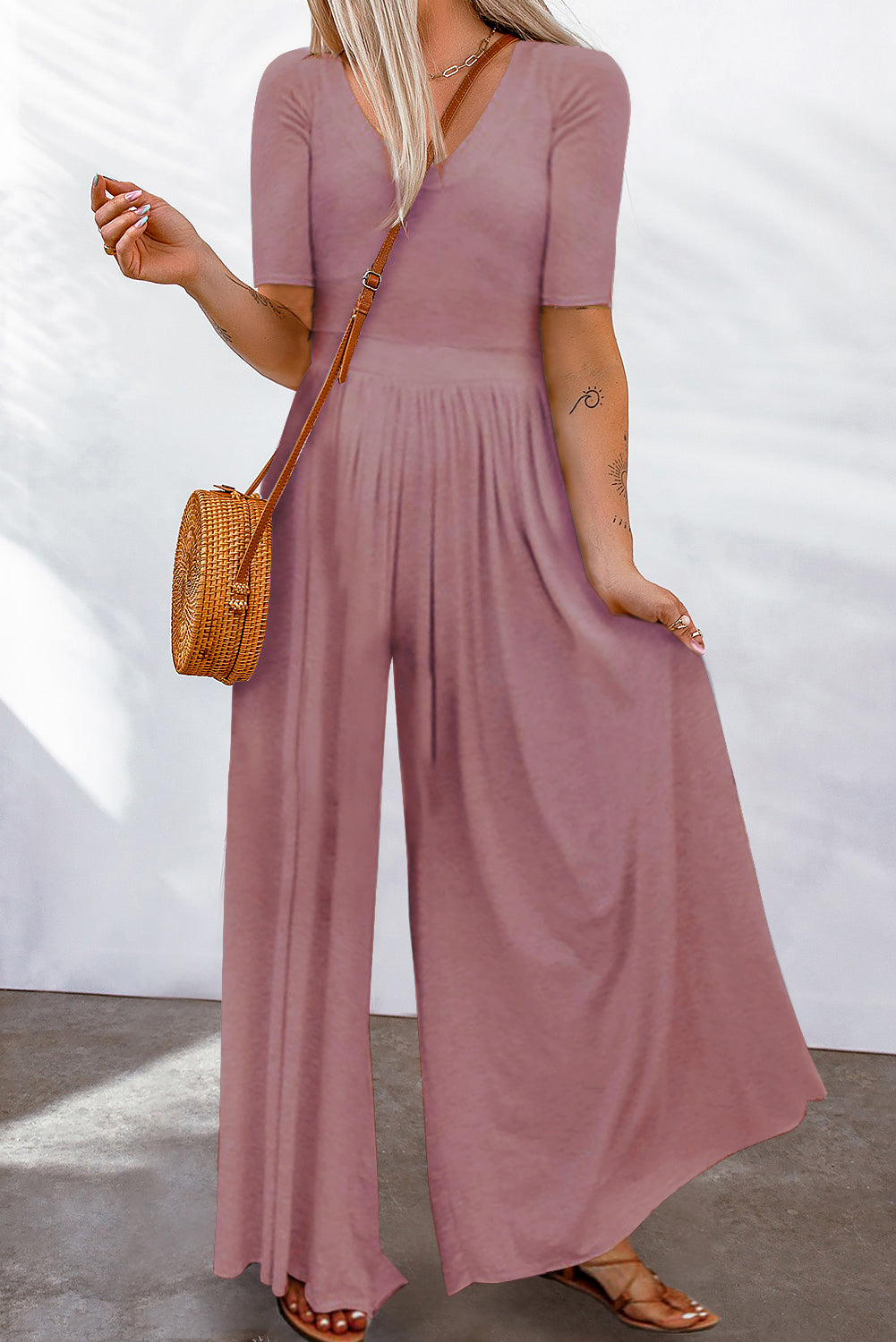 Short Sleeve Bodice Flowy Wide Leg Jumpsuit