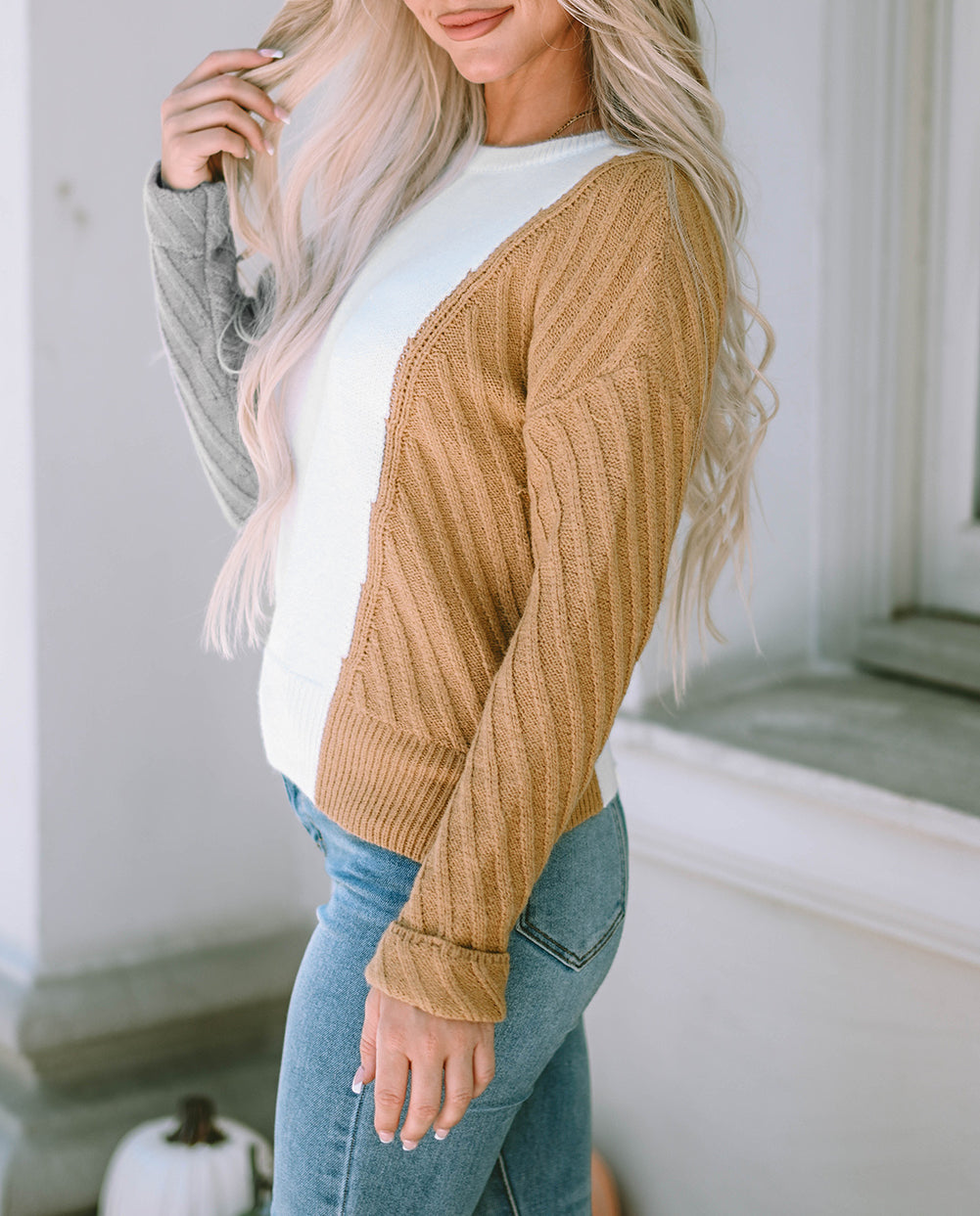 Colorblock Textured Drop Shoulder Sweater