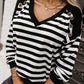 Stripe Crochet Hollow-out Back Buttoned Shoulder V Neck Top