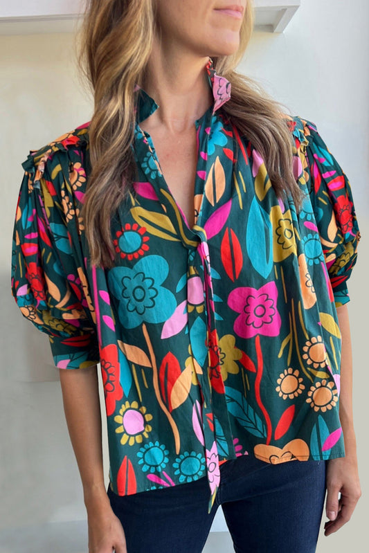 Floral Print Puff Sleeve Tied V Neck Blouse