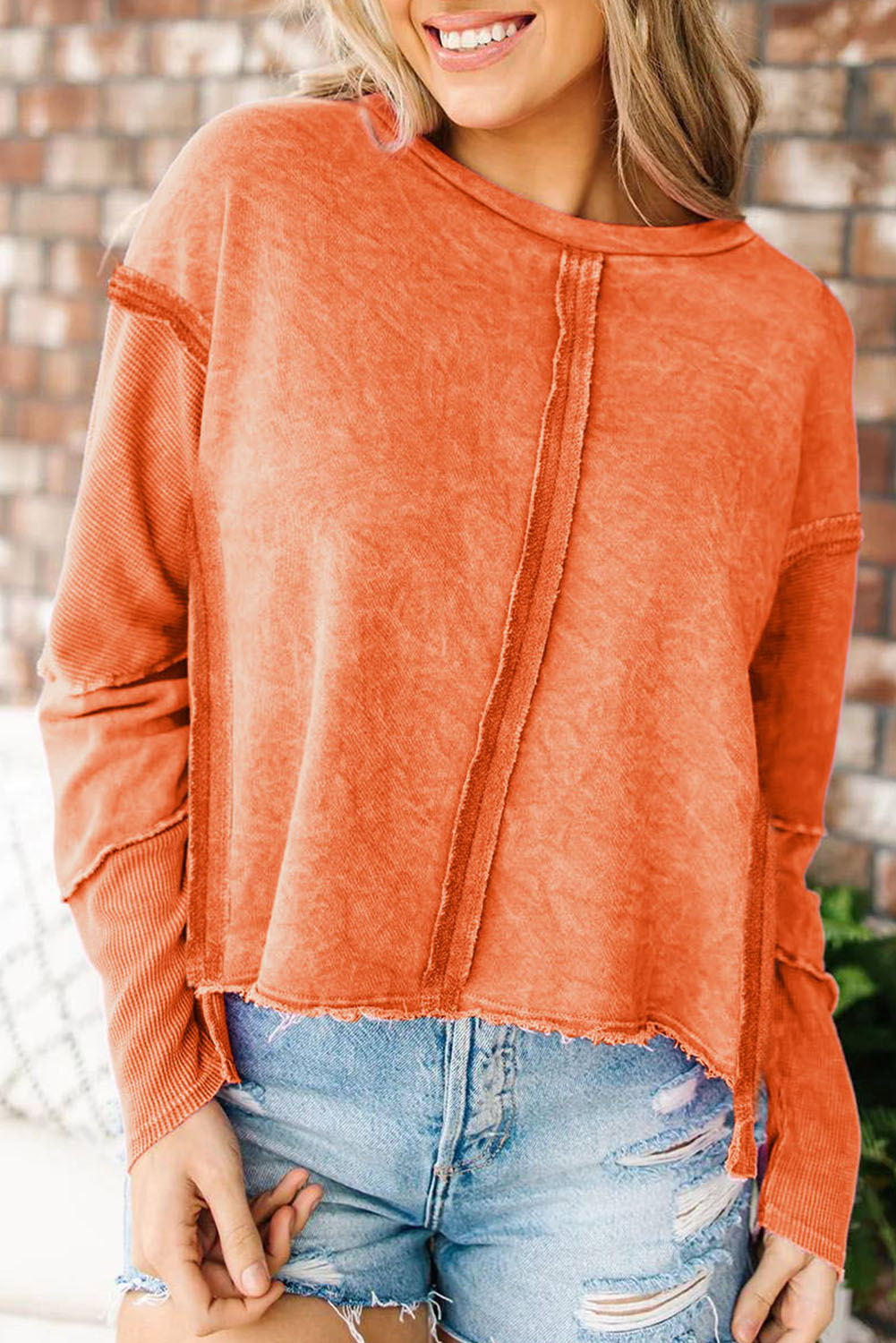 Exposed Seamed High Low Raw Edge Sweatshirt