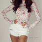 Floral Long Sleeve High Neck Sheath Mesh Blouse