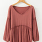 Solid Color Textured Frilled Trim V Neck Puff Sleeve Blouse